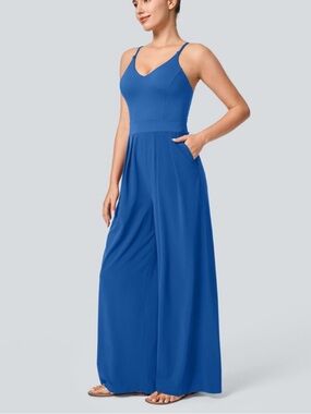 HALARA Jumpsuit Breezeful Backless Side Invisible Zipper Pocket Wide Leg Size XL